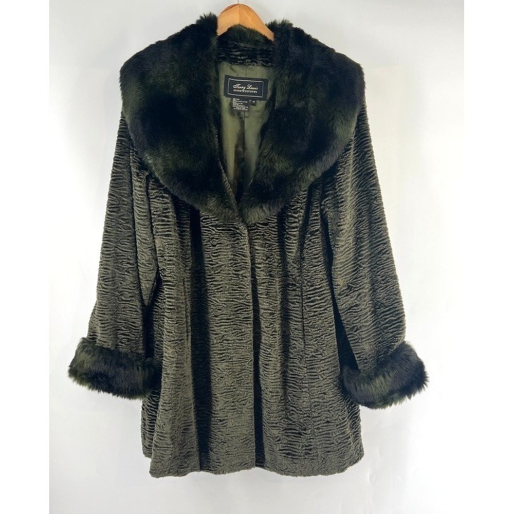 Vtg Terry Lewis Faux Fur Trim Coat Plus 1X Dark Olive Green Mob Wife Whimsigoth